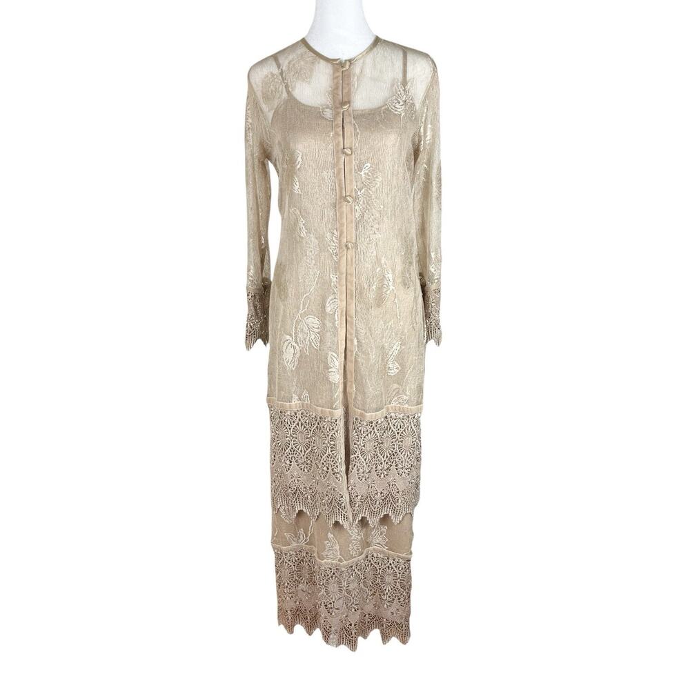 Cache Vintage Nocturn Lace Embroidered Dress Duster Set Beige Formal Size PS - Picture 2 of 16